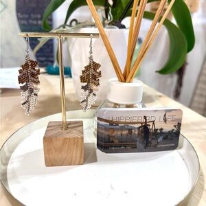 Handmade Beaded Leaf Dangle Earrings - Brown & White